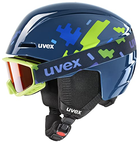 uvex viti Set - Leichter Skihelm & Skibrille für Kinder - individuelle Größenanpassung - beschlagfrei - Blue Puzzle - 51-55 cm