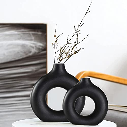 Keramik Vases - Schwarze Set of 2 Blumenvasen aus Keramik für Wohnungsdeko Trockenblumen Deko Vasen für Tischdecko mit Pampasgras, Zimmer Deko für Geschenk, Kleine Mittelgroße