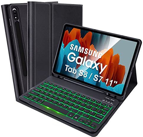SOPPY Backlit Keyboard Case for Samsung Galaxy Tab S9FE/S9/S8/S7 11 inch, 7-Colors Backlight, UK Layout, Slim Cover with Detachable Keyboard for Galaxy Tab S7/S8/S9/S9FE 11 Tablet, Black
