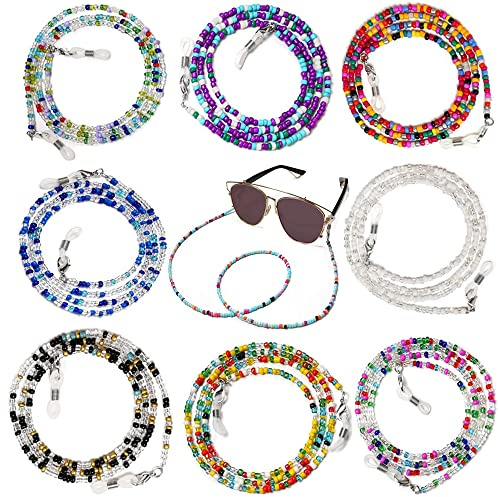 8 Pcs Beaded Eyeglass Chains for Women & Girls, Multifunction Colorful Mask Glasses Lanyard Sunglass Holder Strap Around Neck,Bead Holders Face Mask Chains Clamp Necklace Strap with Eyeglass Loop