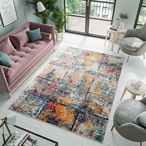 TAPISO Denver Teppich Kurzflor Blau Grau Orange Rosa Meliert Verwischt Gitter Quadrate Schlafzimmer Wohnzimmer Büro Modern Design ÖKOTEX 200 x 300 cm