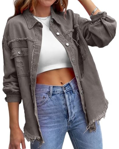 HOTIAN Damen Jeansjacke jeansjacken für damen übergangsjacke damen Vintage Jean Mantel Übergangs Ripped Denim Jacken Grey L