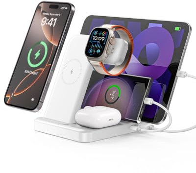 Caxdon Multiple Devices Charging Station, 5-in-1 Charging Station for iPhone 17 Pro Max/Pro/16/15/14/13/12, iPad Pro/Air/Mini, Apple Watch and Airpods,Wireless Charging Dock(G805) (White)