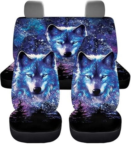 chaqlin Autositzbezüge-Set, Motiv: Galaxie und Wolf, für Damen und Herren, komplettes Set, 4 Stück, Schutzbezug für Vordersitze und Rückbank, für Schalensitze