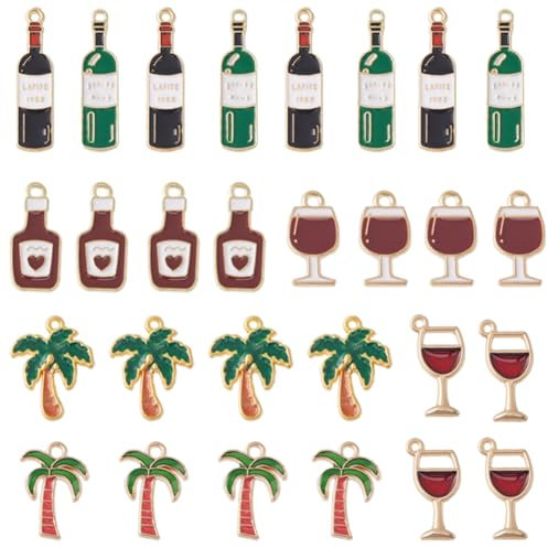 SUNNYCLUE 42 pièces 7 styles Breloques pour Bouteille de Vin en Vrac Breloque Palmier Cocotier Émail Palmiers de Style Tropical Hawaïen Mignon Alliage Émail Rouge Bouteille de Vin Breloques pour la Fa
