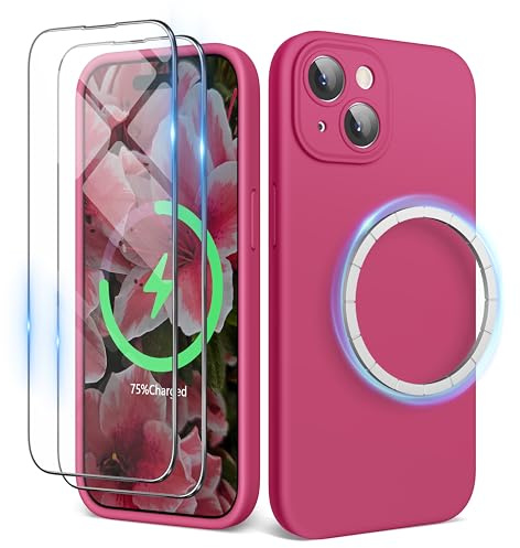 SURPHY Coque Magnetique pour iPhone 15 Plus avec Verrre Trempé + Protections Cameras Antichoc, Étui Housse de Téléphone en Silicone Liquide pour iPhone 15 Plus 6,7 Pouces 2023, Hibiscus