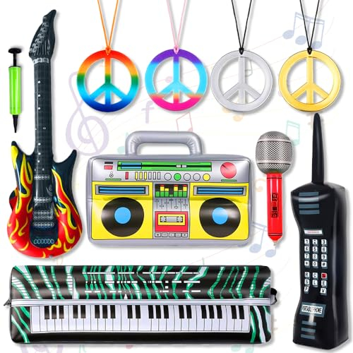 80er Jahre Accessoires Aufblasbar,10 Stück Ghettoblaster Retro 80er,Aufblasbare Rock Star Toy Set,Aufblasbare Instrumente Set,Aufblasbares Radio 80er,Aufblasbares Handy,Deko 80er 90er Jahre Party