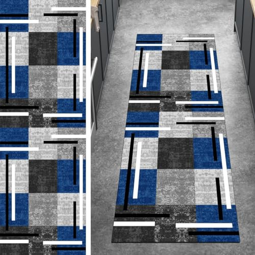 Ymural Teppichmatten Teppich Läufer Flur Waschbar Patchwork 80x250CM Blau Grau Kücheläufer rutschfest Meterware Teppichläufer Lang Kurzflor Polyester Korridor