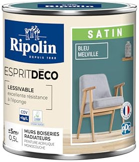 RIPOLIN - Peinture Intérieure Multi-Supports – Murs, Boiseries & Radiateurs – Ultra-Couvrante – Lessivable – Application Facile – Ecolabel - Satin - 0,5L - Bleu Melville