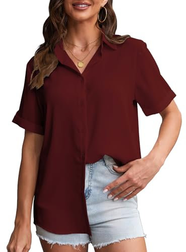 SPRING SEAON Women's Button Down Shirt Short Sleeve Collared Tops Work Office Chiffon Blouse