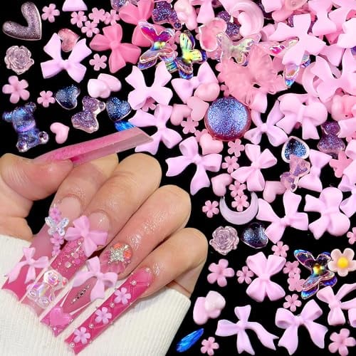 100 Stück Rosa Gemischte Form Nail Charms,Niedlich Schleife Blume Bär Herz Charms Nägel 3D Bögen Schleifenknoten Kamelie Mond Nagel Charms Für Frauen Nail Art Charms Nageldesign Nagel Zubehör Nail Art