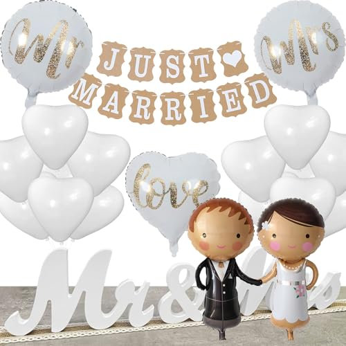 Mitdir 29 Stück Hochzeitsdeko Set Just Married Deko Mr und Mrs Hochzeitsfiguren Heliumballons Standesamt Verlobung Hochzeitsfeie Hochzeit Dekoration Weiß Deko