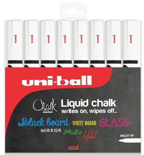 Uni PWE-5M Liquid Chalk Marker Pen - Whiteboard Blackboard Chalkboard - Non Permanent - Wallet of 8 (White)