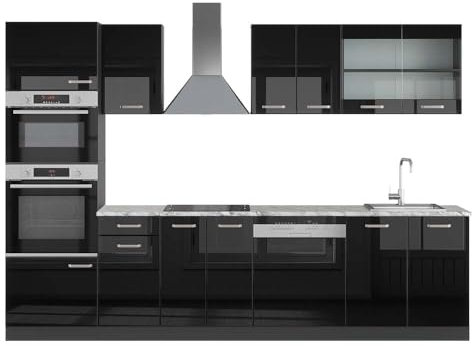 Vicco Küchenzeile R-Line, Schwarz Hochglanz/Anthrazit, 300 cm mit Hochschrank, AP Marmor