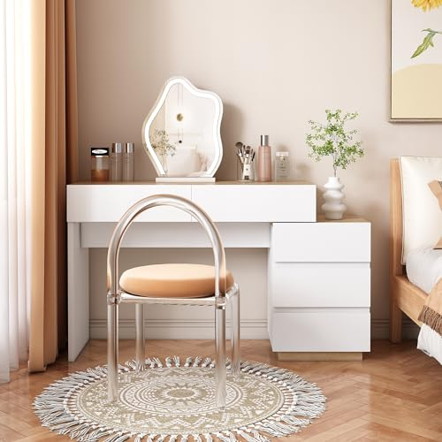 Merax Schminktisch, Moderner Vanity mit 5 Schubladen, Dressing Table für Schlafzimmer, Weiß und Holzfarbe (ohne Spiegel und Hocker)