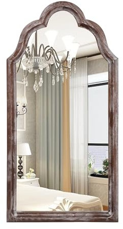 twakutwaku 81,3 cm Vingtage Französischer Spiegel mit Holzrahmen in klassischer gewölbter Form in Shabby Brown Finish für Bauernhaus, Landhaus, Dachboden für Badezimmer, Wohnzimmer, Schlafzimmer und