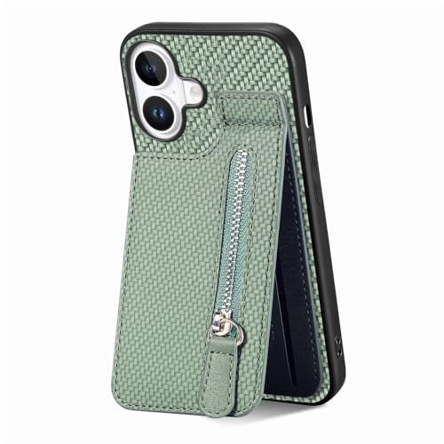 IMEIKONST Wallet Case for iPhone 16, PU Leather Magnetic Flip Card Holder Slots Top and Bottom Opening Zip Case Slim Back Skin PC + TPU Bumper Cover for iPhone 16. Green SD1