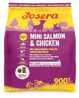 JOSERA Mini Salmon & Chicken (1 x 900 g) | Adult Mini | Premium Trockenfutter für ausgewachsene Hunde Kleiner Rassen | kleine Kroketten | mit leckerem Soßenpulver auch nass zu verfüttern | 1er Pack