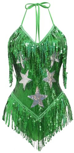 OBEEII Glitzer Body Damen Stern Pailletten Fransen Tanzbody Sexy V-Ausschnitt Musik Festival Bodysuit Party Club Nachtclub Kost�m Cosplay Karneval Rave Outfit Gr�n S