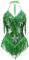OBEEII Glitzer Body Damen Stern Pailletten Fransen Tanzbody Sexy V-Ausschnitt Musik Festival Bodysuit Party Club Nachtclub Kost�m Cosplay Karneval Rave Outfit Gr�n S