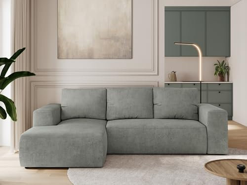 MKS MEBLE Sofa mit Schlaffunktion - Ecksofa mit Schlaffunktion und Bettkasten - Sofa 3 Sitzer - Schlafsofa - Couch - Schlafsofa mit Bettkasten - Trentino L - Grau Stukture - Links