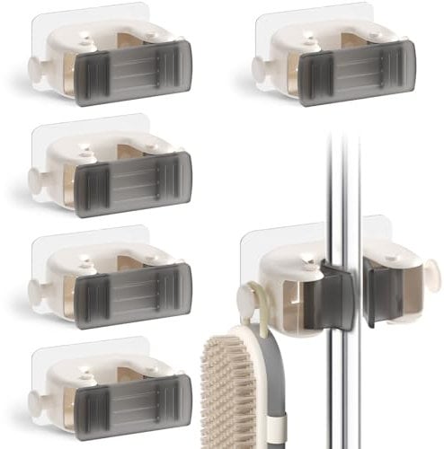Oamwrae Porta Scope Parete 6 Pezzi, Autoadesivo Portascope da Muro, Appendi Scope a Muro con Clip in Silicone Antiscivolo per Cucina Bagno Garage - Bianco