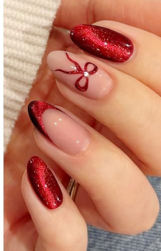 JMEOWIO Gel Nail Stickers Christmas Red Bow Cat Eye Semi Cured Gel Nail Strips Wraps UV/LED Nails Art Design Decoration Accessories