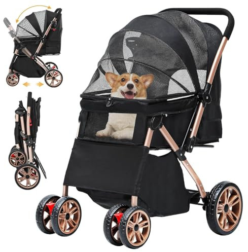 DWVO Dog Stroller, Pet Pram for Small Medium Dogs 22kg, Dog Buggy with Storage Basket Cup Holder, Cats Dogs Pushchair, Foldable Pet Strollers for Cats Puppies Dogs (Black)
