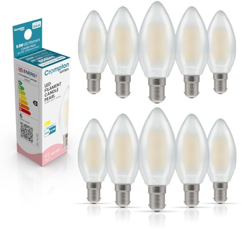 Crompton Lamps Filament Candle LED Light Bulb SBC-B15d | 5.9W = 60W Equivalent | Warm White 2700K | Energy Efficient | Small Bayonet Lightbulb | Long Life 15,000-Hrs | Pearl Glass | Dimmable | 10-Pack
