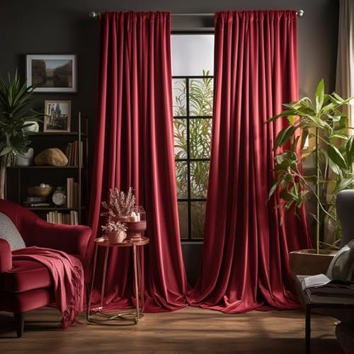Rosnek Red 2 Panel Velvet Curtains, Thermal Insulated Soundproof Blackout Curtain, Soft Elegant Home Decor Velvet Pleated Curtain for Bedroom, Living Room, Patio Door (W52'' * H96'')