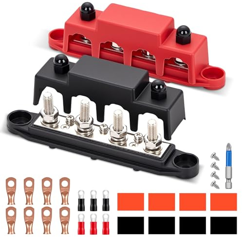VIXKPIRR Sammelschiene 12V-48V DC 250A BusBar mit Abdeckung, 250 Amp Stromverteilerblock mit 4x5/16(M8) Klemmenbolzen, Verteilerblock 12V Batterie Sammelschienen für Auto RV Boat Yacht
