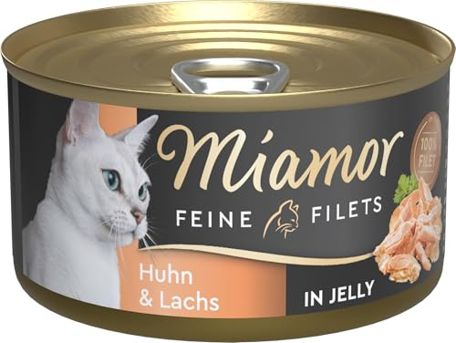 Miamor - Feine Filets in Jelly | Nassfutter für ausgewachsene Katzen mit Filetstückchen in Jelly. Fettarmes Ergänzungsfutter in der Dose ohne künstliche Zusätze | 24x100g Huhn & Lachs