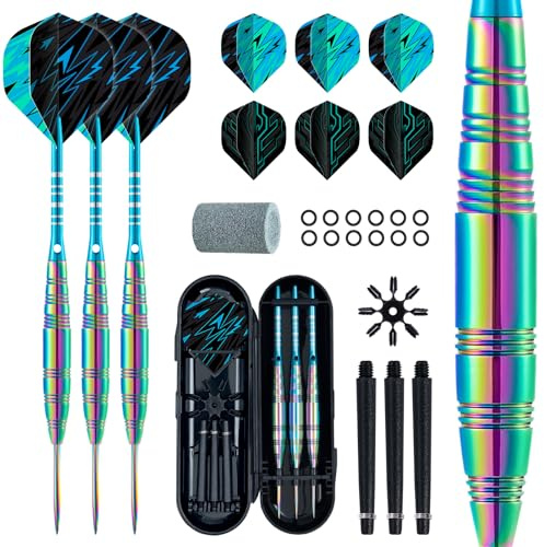 XAWU 3-pack stålspetsdartset professionella dartpilar 22 g med 9 dartflygningar, 3 aluminiumaxlar, 3 reservaxlar, 1 pilvässare, 12 gummi-O-ringar flygskydd och dartfodral