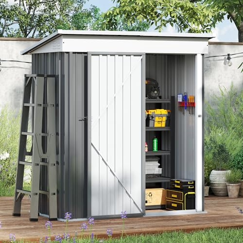 Amopatio Casetas de Jardin Exterior, 162x86x182 cm, Cobertizo de Metal con Puerta Corredera y Cerradura, Caseta de Almacenamiento para Herramientas de Jardín, Color: Gris