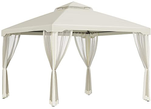 Outsunny Pavillon mit Doppeldach ca. 3x3 m Wasserdicht Stabil Cremeweiß | Winterfest, Gartenpavillon mit Moskitonetz, Seitenteile, Garten-Pavillon aus Metall, für Garten, Terrasse