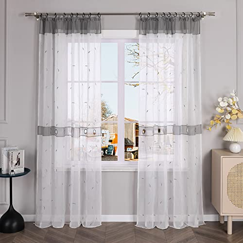 Yujiao Mao Stickerei Voile Gardinen 1er-Pack transparenter Vorhang Schal mit Kräuselband BxH 140x145cm Grau