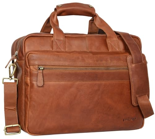 STILORD 'Adventure' Lehrertasche Herren Damen Aktentasche Office Büro Schulter- oder Umhängetasche Businesstasche für Laptop Leder, Farbe:cognac - braun
