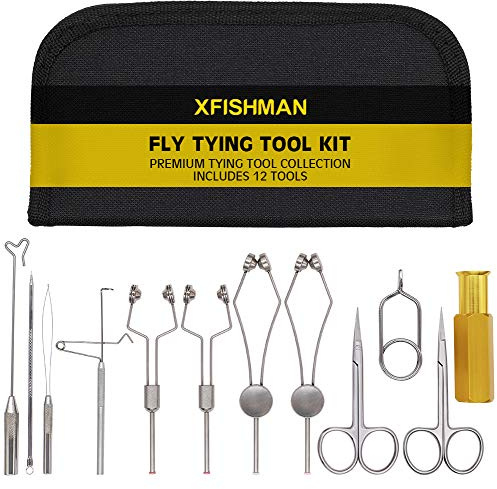XFISHMAN Kit de Herramientas para Atar Moscas 11 en 1 con Tijeras de Acabado de Bobina, apilador de Pelo, Pesca con Mosca, Juego de Herramientas para Atar