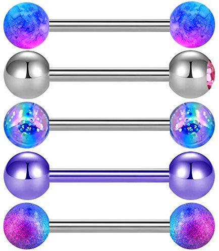 OUFER 14G 5stk Violett Zungenpiercing Kugel Chirurgenstahl Set 16mm 1.6mm Barbell Tongue Bars Piercings Purple Schmuck