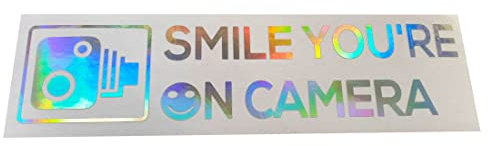 SMILE YOU'RE ON CAMERA Dash Cam Sticker Funny Novelty Car Vinyl Die Cut Window Bumper Decal Driver Insurance Silver or Gold Hologram Neo Chrome Colours