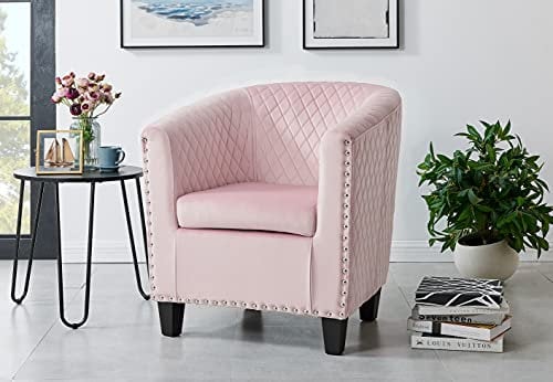 Bravich Modern Retro Tub Chair - Velvet Fabric Armchair for Dining, Living Room, Office & Bedroom. Stylish & Comfortable Universal Dressing Table Chair (71 x 79 x 74 cm, Pink)