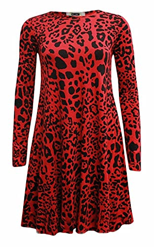 Women Long Sleeve Printed Casual Swing Ladies Dress Flared Skater Smock A Line Plus Size Tops UK (Red Leopard, 20)