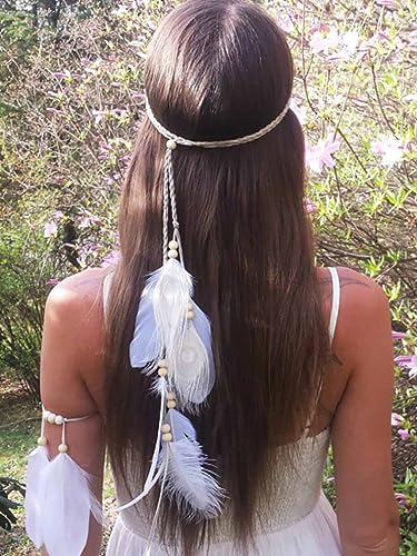 Fashband Feder-Stirnband, Boho-Hippie-Kopfschmuck, Weiß, Retrostil, Tribal-Kopfschmuck im Stil der amerikanischen Ureinwohner, Festival, Party, Haarschmuck für Damen und Mädchen