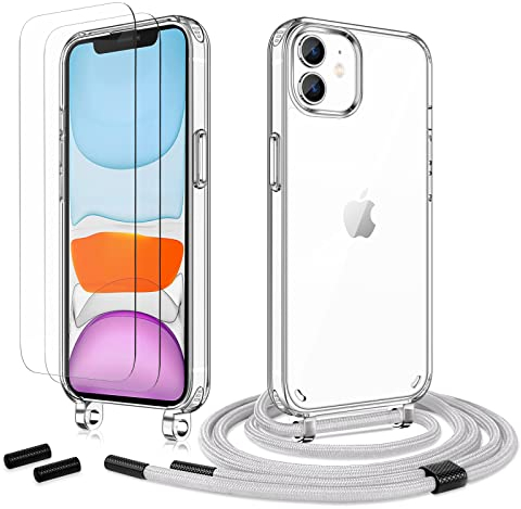 Anshow Handykette für iPhone 12/12 Pro Hülle mit Band + 2 Schutzfolie, Robust Necklace Extrem Stoßfest Handyhülle iPhone 12/12 Pro Case Transparent Schutzhülle zum Umhängeband Abnehmbar, Grau