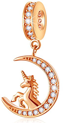 Licorne scintillante en or rose sur la lune Charms, S'adapte au bracelet pour femme pandora, perles pendentif cheval volant en argent sterling 925 clair cz mythe, cadeau d'anniversaire de noël