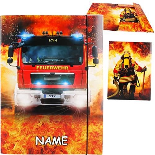 alles-meine.de GmbH XXL A3 - Zeichenmappe/Sammelmappe Motivwahl Feuerwehr - Feuerwehrmann & Feuerwehrauto - inkl. Name - Ordner - 44 cm - Mappe für Hefte Zeitschriften Ze..