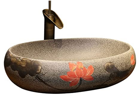 Moisture Waschbecken im Badezimmer Waschbecken im Badezimmer, ovales Keramik-Waschbecken, Lotus-Muster, Kunst-Aufsatzbecken, Waschbecken mit Wasserhahn Schiff Sinken (Color : A)