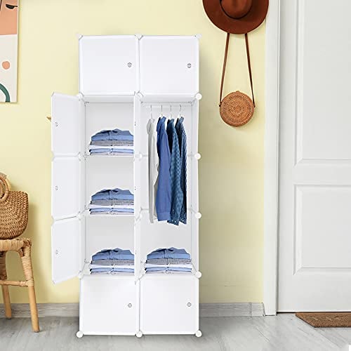 LEADZM Regalsystem, 10 Würfel, Kunststoff-Kleiderschrank mit Türen, Modulares Schranksystem zur platzsparenden Aufbewahrung, 70 x 45 x 175 cm, Weiß