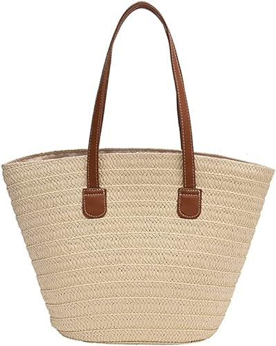 DKIIL NOIYB Straw Bags Summer Beach Tote Bag for Women 18inch Large Capacity Scalloped Straw Tote Bag with Zipper Beach Handbags Woven Shoulder Bag for Travel Vocation