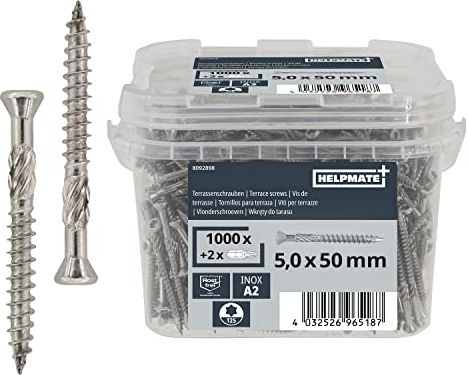 HELPMATE – Terrassenschrauben 5x50 Edelstahl A2 Rostfrei – 1000 Stück Dielenschrauben + 2 T25 Bit – Terrassendielen Schrauben für Außenbereich (Terrassenbau, Gartenhäuser, Bauholzkonstruktionen etc.)